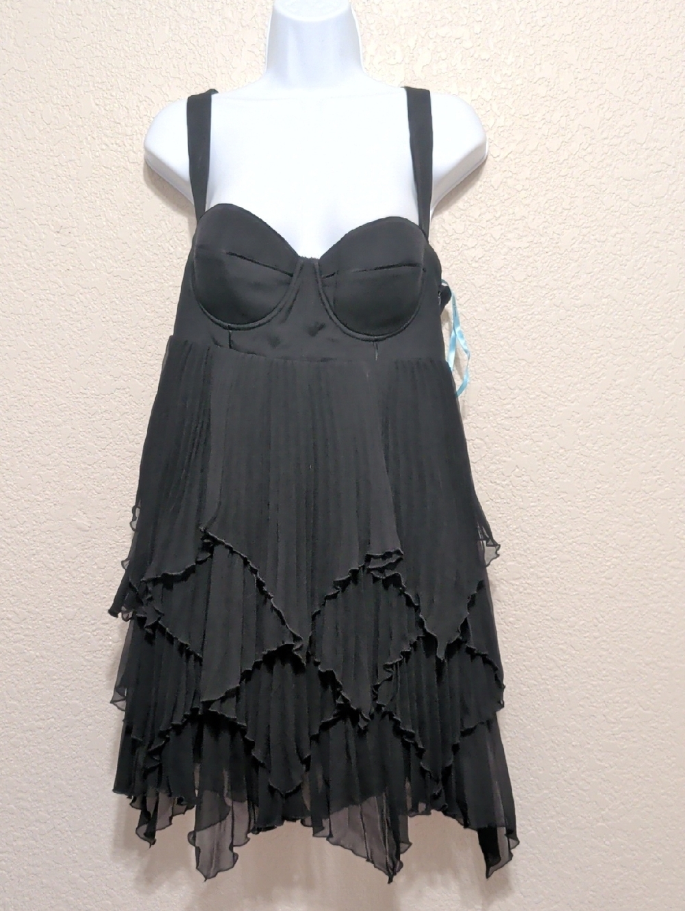 Marciano black silk pleated tiered babydoll bustier mini dress